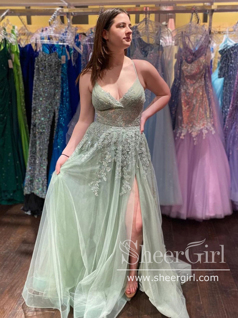 Mint Green Spaghetti Straps High Slit Evening Dress Appliqued Sweep Train Long Prom Dress ARD2919 Mint Green Spaghetti Straps High Slit Evening Dress Appliqued Sweep Train Long Prom Dress ARD2919