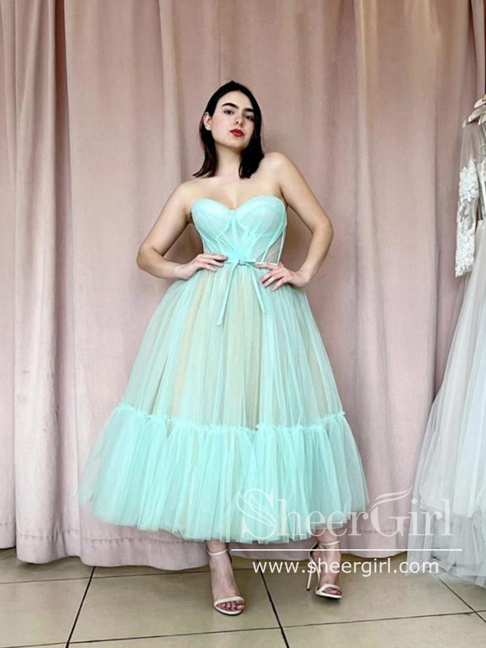 Mint Green Tulle Dress with Corset Bodice Tea Length Prom Dress ARD2716 Mint Green Tulle Dress with Corset Bodice Tea Length Prom Dress ARD2716