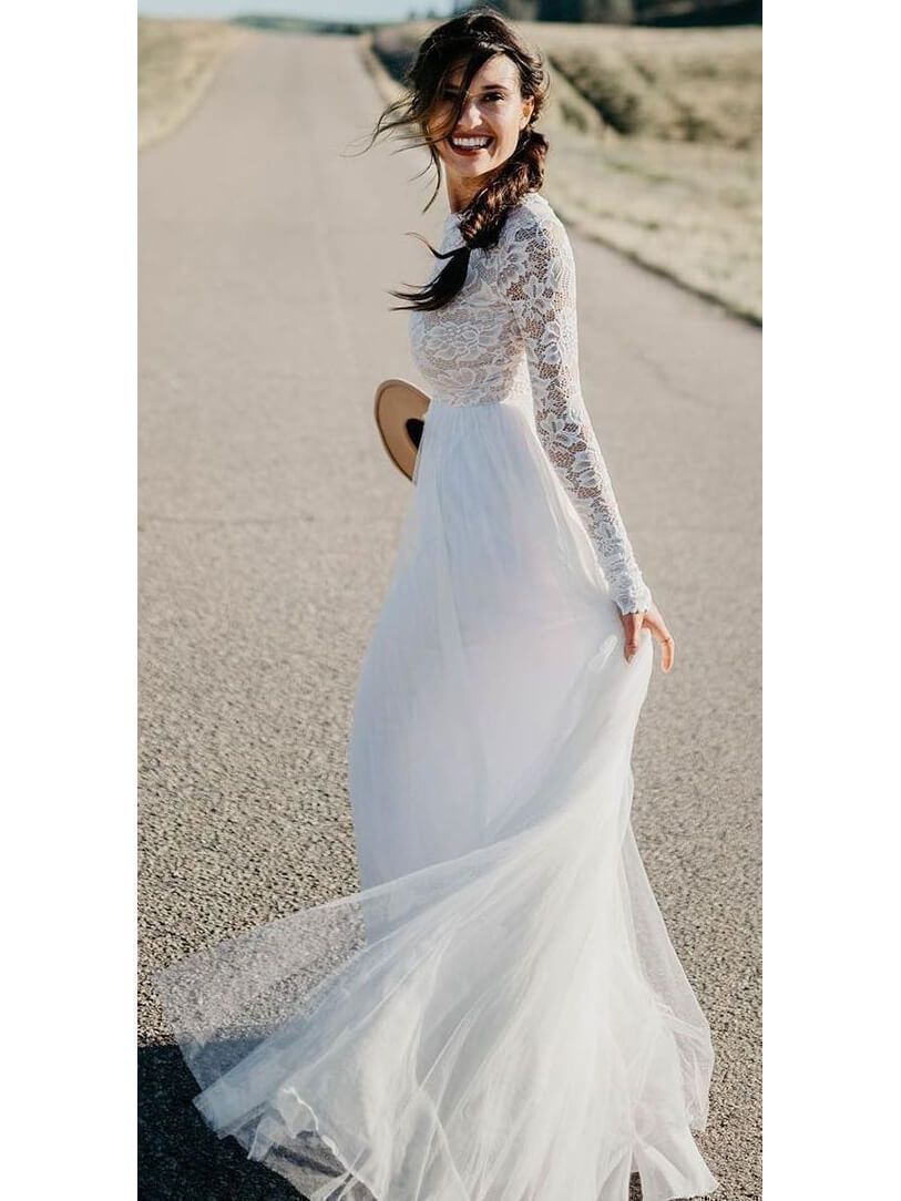 Modest Long Sleeve White Tulle Lace Beach Wedding Dresses Cheap