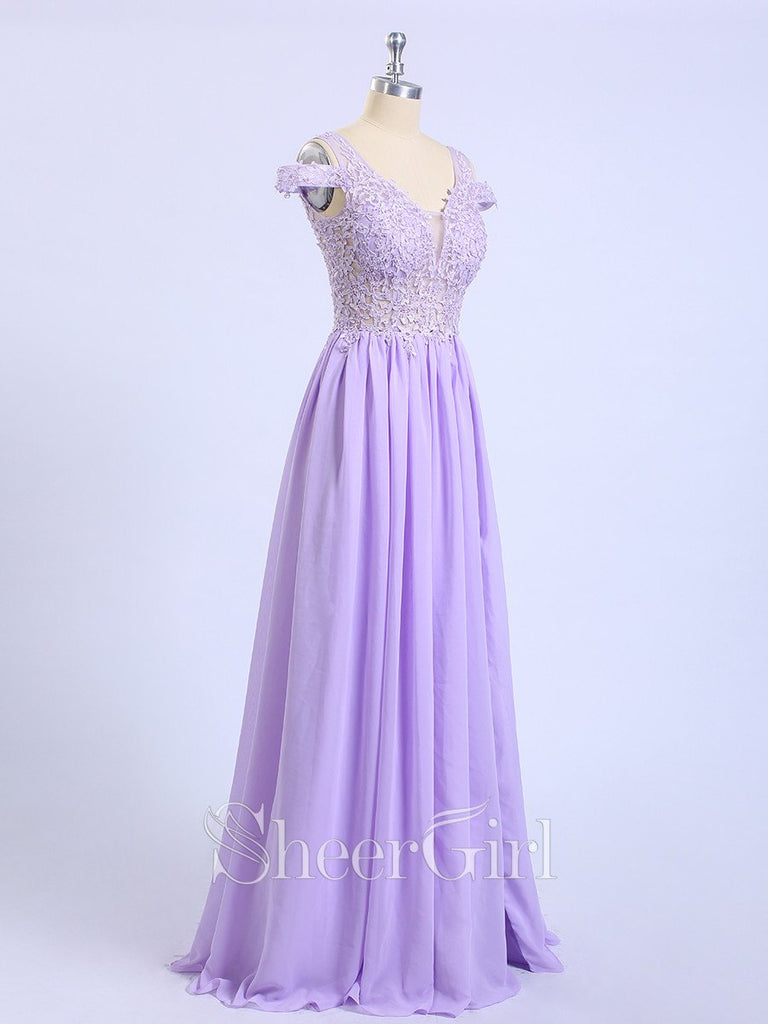 Modest Off The Shoulder Lace Bridesmaid Dresses With Slit ARD2343-SheerGirl