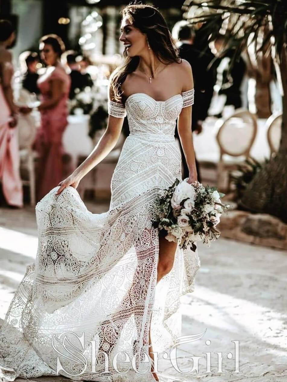 Modest Sweetheart Neck Lace Bridal Dress Beach Wedding Dresses with Slit AWD1595