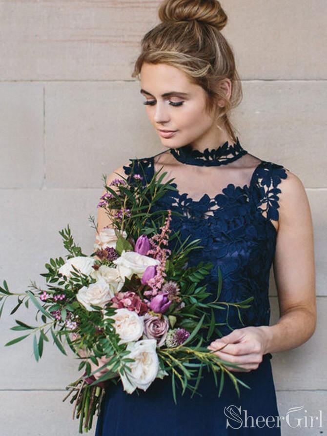Navy High Neck Bridesmaid Dresses V-neck Formal Dress ARD2353-SheerGirl