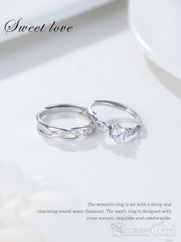 New Arrival! 925 Silver Couple Rings with Zircon and Cross Texture RI5001-SheerGirl