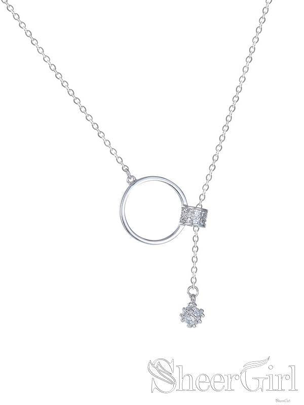New Arrival! Ring Shape Small Zircon Around Crossed Chain Sterling 925 Silver Necklace NC3003-SheerGirl