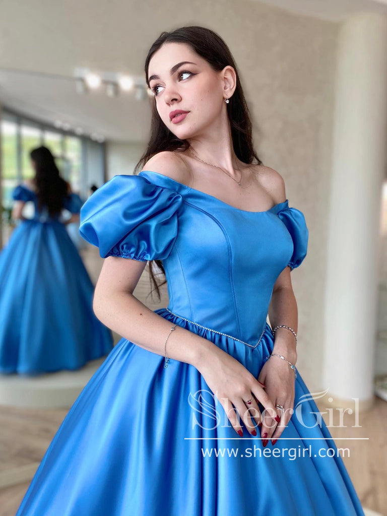 Ocean Blue Puff Sleeves Off the Shoulder Simple Prom Dresses with Pearls Sash ARD2874-SheerGirl