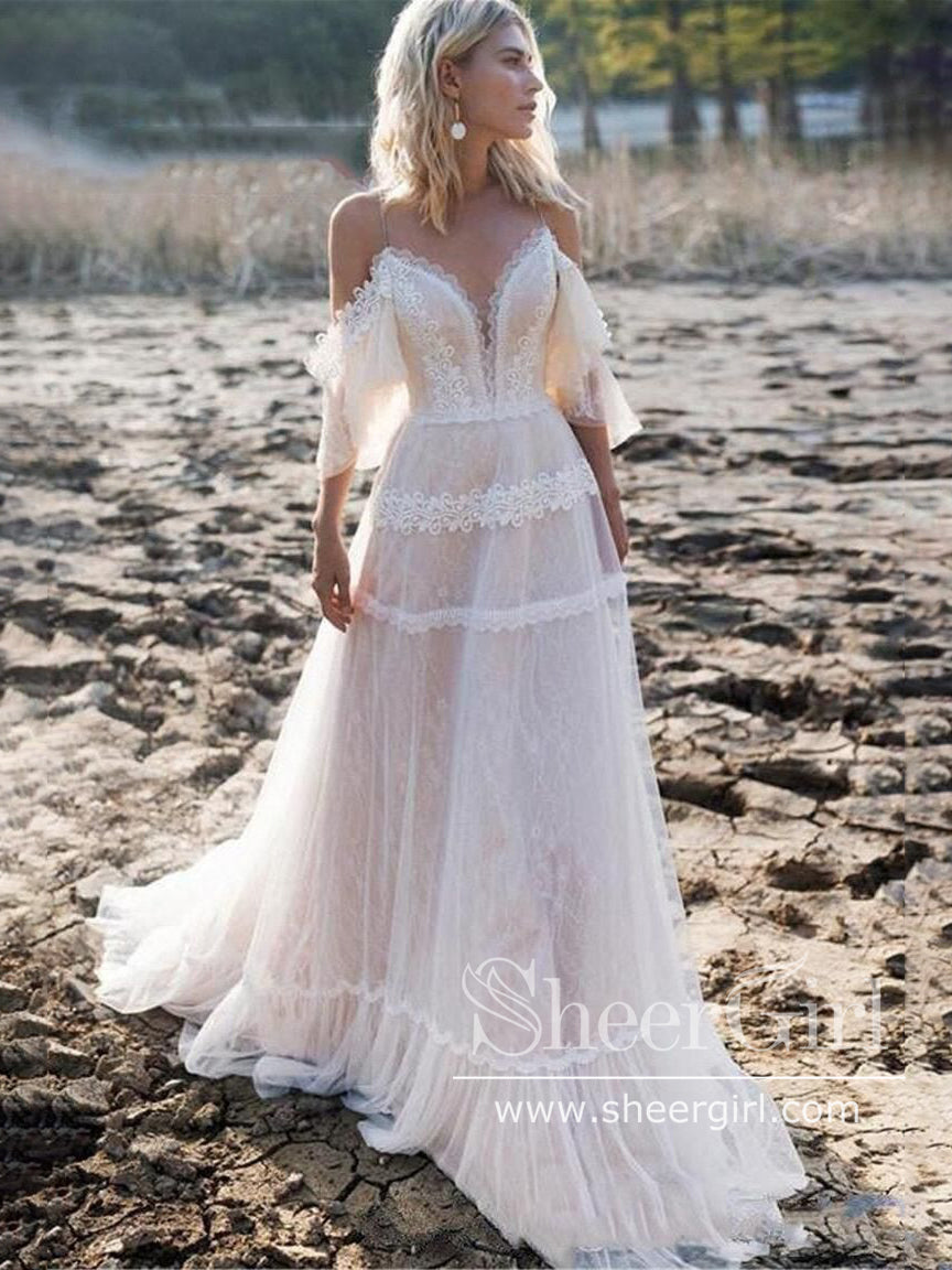 Off Shoulder Bohemian Lace Wedding Gowns Ivory Tulle V Neck Boho Wedding Dresses AWD1889 Off Shoulder Bohemian Lace Wedding Gowns Ivory Tulle V Neck Boho Wedding Dresses AWD1889
