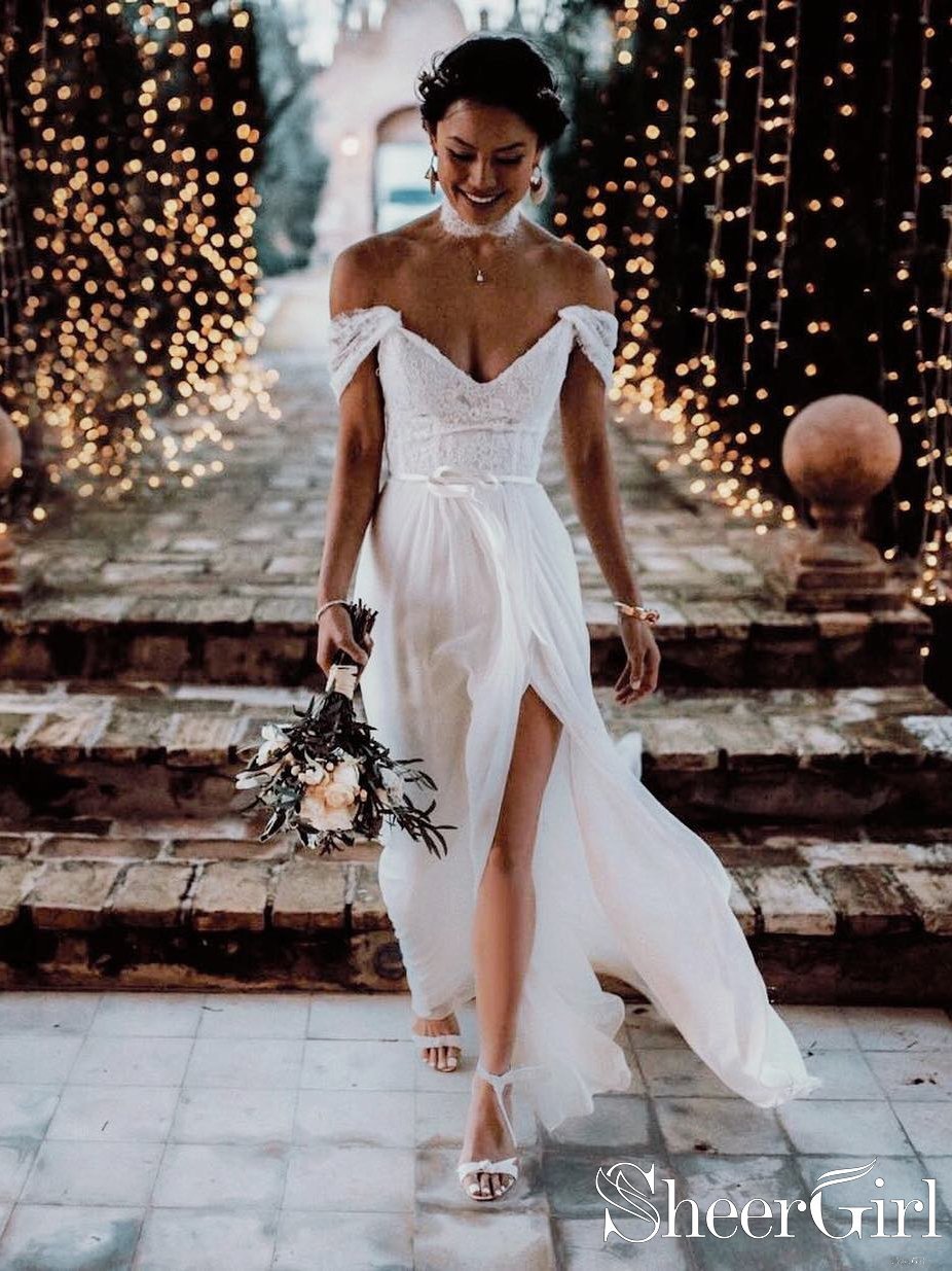 Off Shoulder Ivory Lace High Slit Backless Chiffon Wedding Dress AWD1659 Off Shoulder Ivory Lace High Slit Backless Chiffon Wedding Dress AWD1659