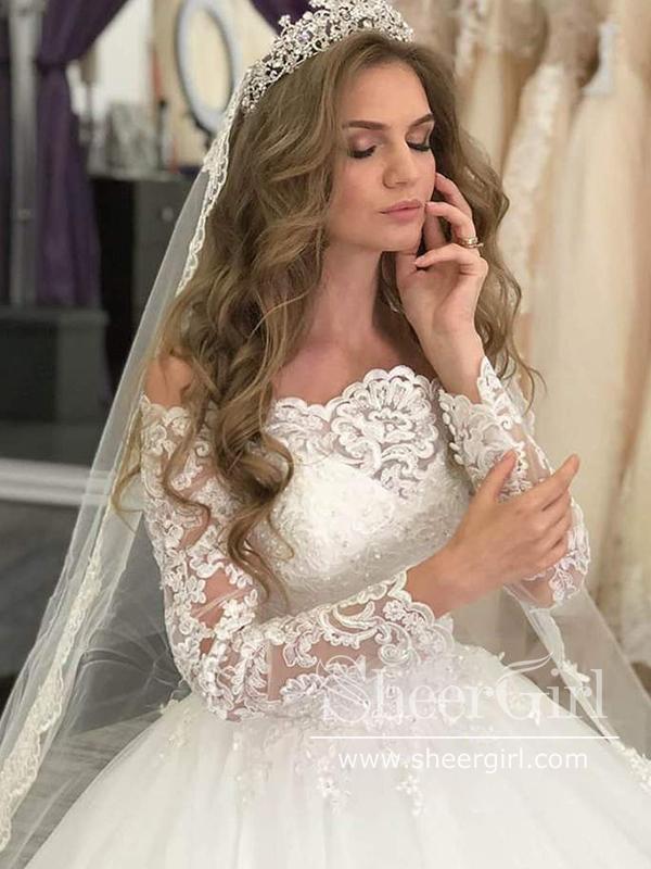 Off-The-Shoulder Long Sleeves Lace Ball Gown Wedding Dress with Sweep Train AWD1830-SheerGirl
