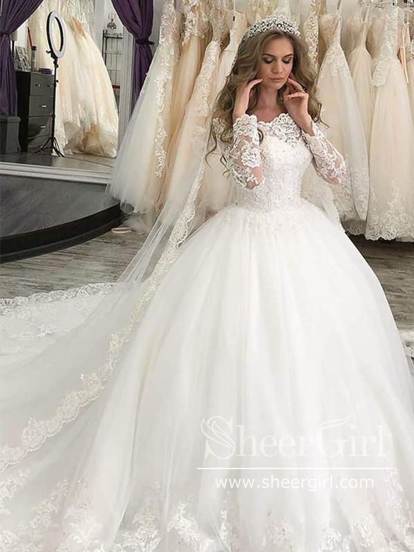 Off-The-Shoulder Long Sleeves Lace Ball Gown Wedding Dress with Sweep Train AWD1830-SheerGirl