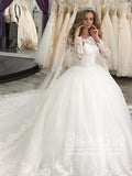 Off-The-Shoulder Long Sleeves Lace Ball Gown Wedding Dress with Sweep Train AWD1830-SheerGirl