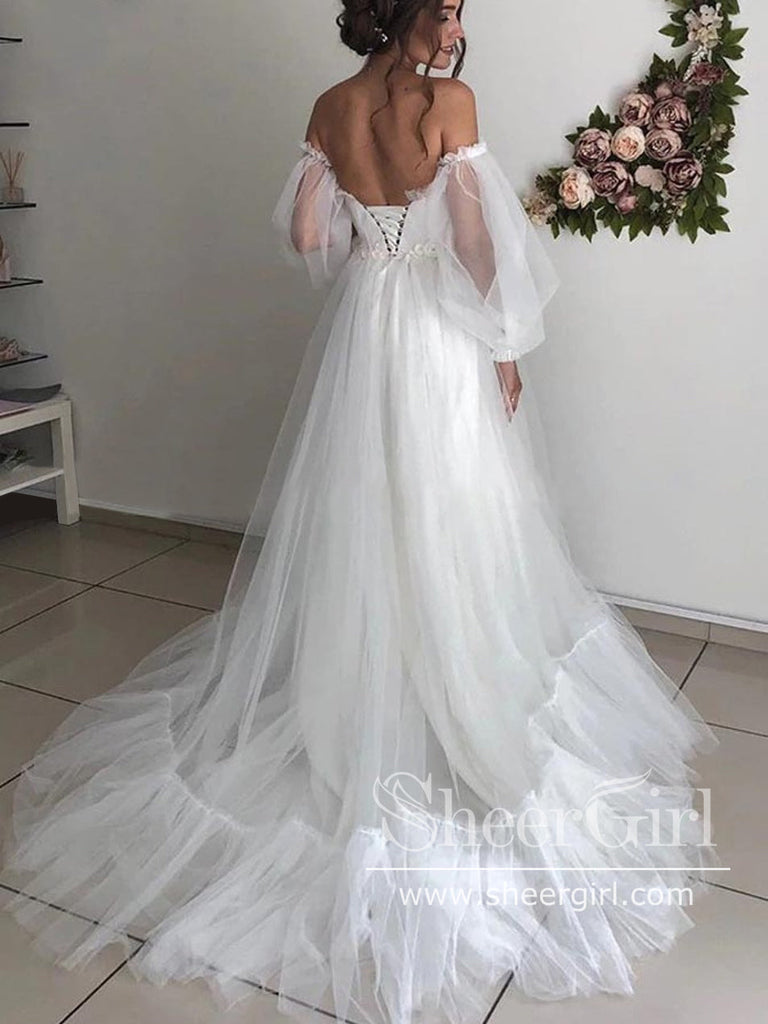 Off The Shoulder Puff Sleeve Prom Dress Tulle Long Evening Dresses ARD2404-SheerGirl