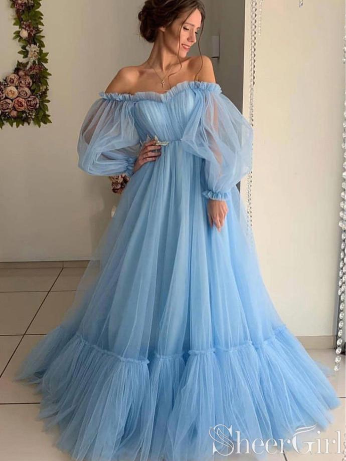 Off The Shoulder Puff Sleeve Prom Dress Tulle Long Evening Dresses ARD2404