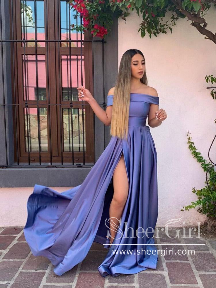 Off The Shoulder Sparkly Ball Gown with High Slit Floor Length Prom Dress ARD2676-SheerGirl