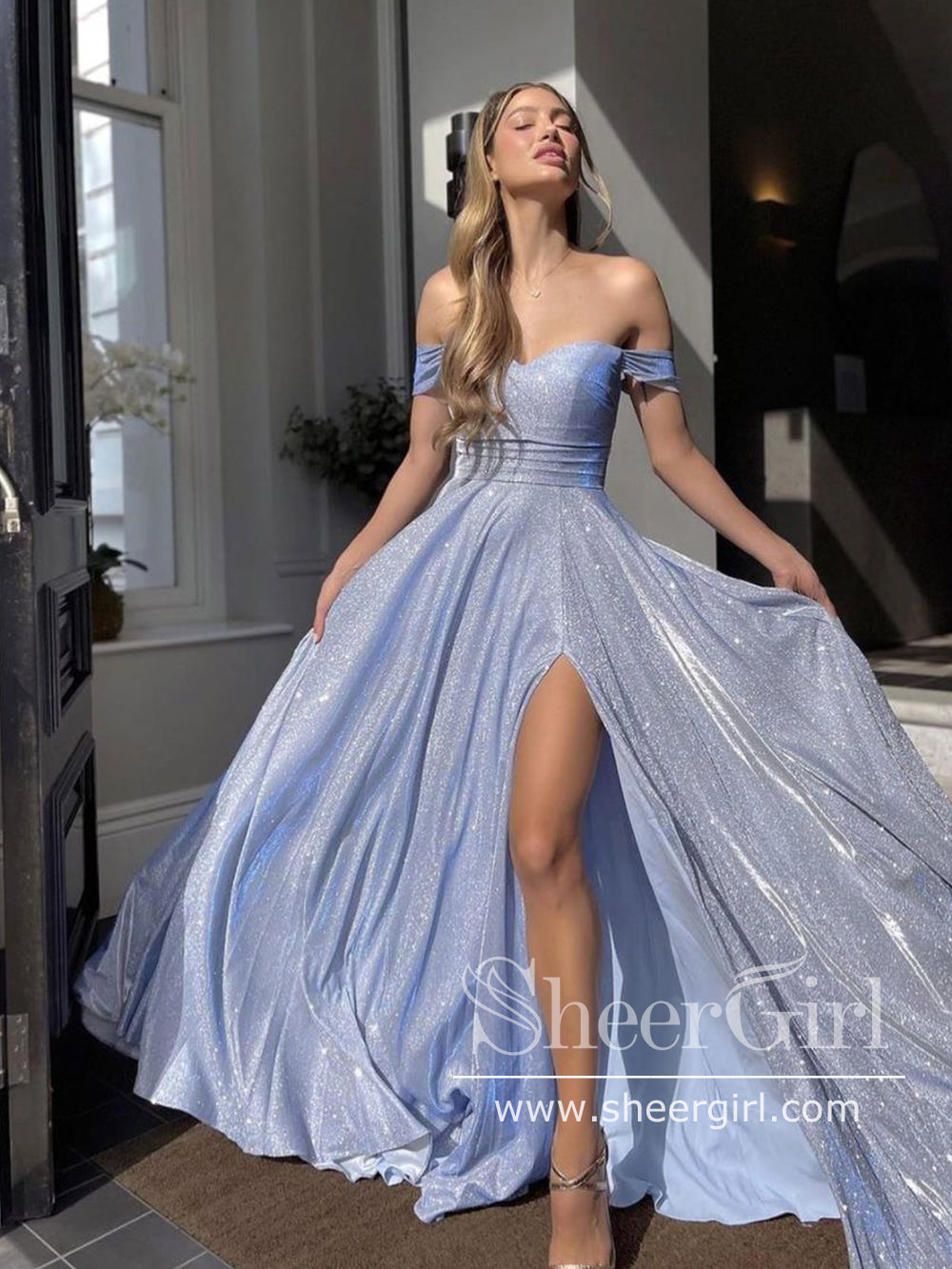 Off The Shoulder Sparkly Ball Gown with High Slit Sweetheart Neck Prom SheerGirl Off The Shoulder Sparkly Ball Gown with High Slit Sweetheart Neck Prom SheerGirl
