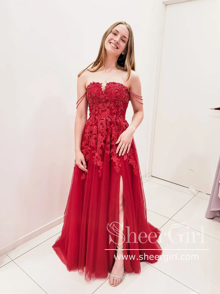 Off The Shoulder Straps Sweetheart Neck Prom Gown with High Slit ARD2688-SheerGirl