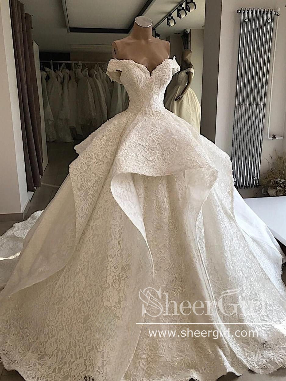 vintage off the shoulder wedding dress Off The Shoulder Sweetheart Neckline Vintage Lace Ball Gown Wedding Dress with Cathedral Train AWD1783