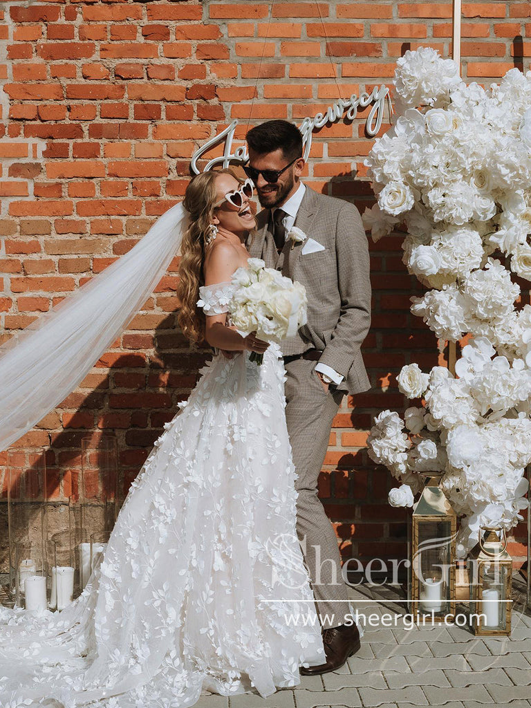 Off the Shoulder 3D Flower Lace Beach Wedding Dresses Rustic Boho Wedding Dress AWD1915-SheerGirl