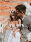 Off the Shoulder 3D Flower Lace Beach Wedding Dresses Rustic Boho Wedding Dress AWD1915-SheerGirl