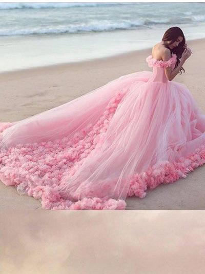 Off the Shoulder Appliqued Pink Ball Gown Wedding Dresses AWD1130 Off the Shoulder Appliqued Pink Ball Gown Wedding Dresses AWD1130