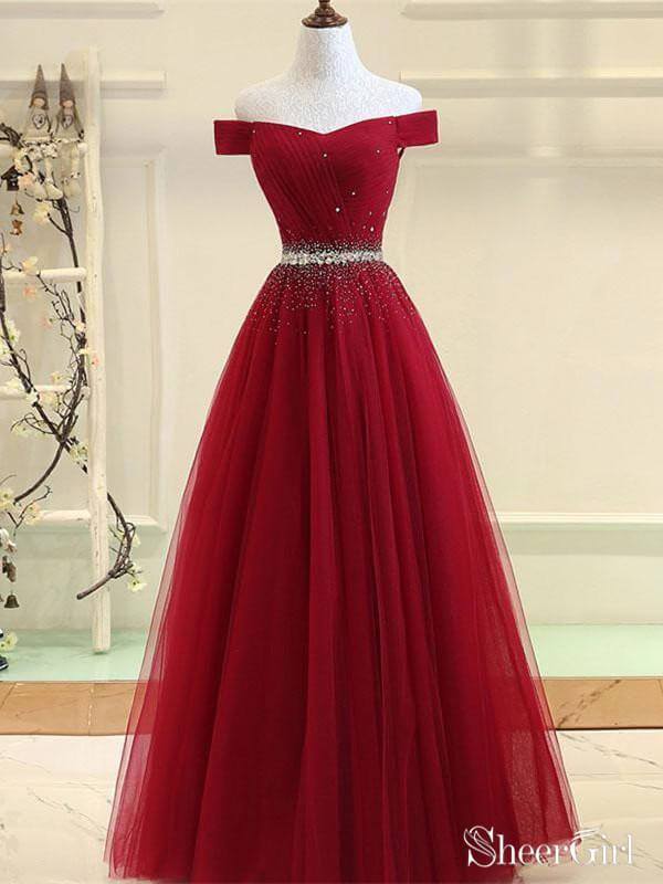 Off the Shoulder Beaded Prom Dresses Navy Blue Pleated Long Quinceanera  Dresses  SheerGirl