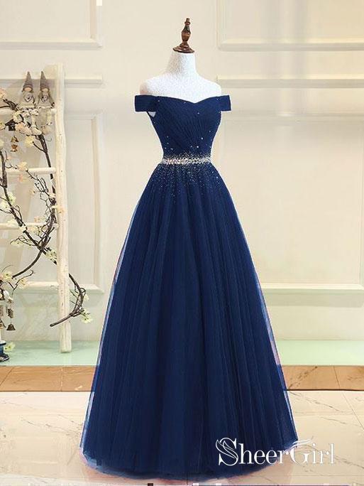 Off the Shoulder Beaded Prom Dresses Navy Blue Long Prom Dresses APD3420 Off the Shoulder Beaded Prom Dresses Navy Blue Long Prom Dresses APD3420