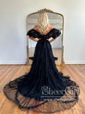 Off the Shoulder Black See Through Prom Dress Ruffled Tulle Party Dress ARD2906-SheerGirl