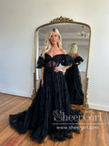 Off the Shoulder Black See Through Prom Dress Ruffled Tulle Party Dress ARD2906-SheerGirl