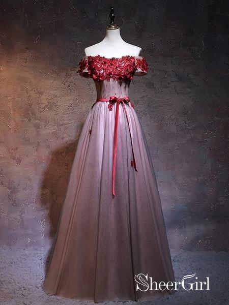 Off The Shoulder Burgundy Lace Applique Prom Dresses for Juniors Pageant Dress ARD1068
