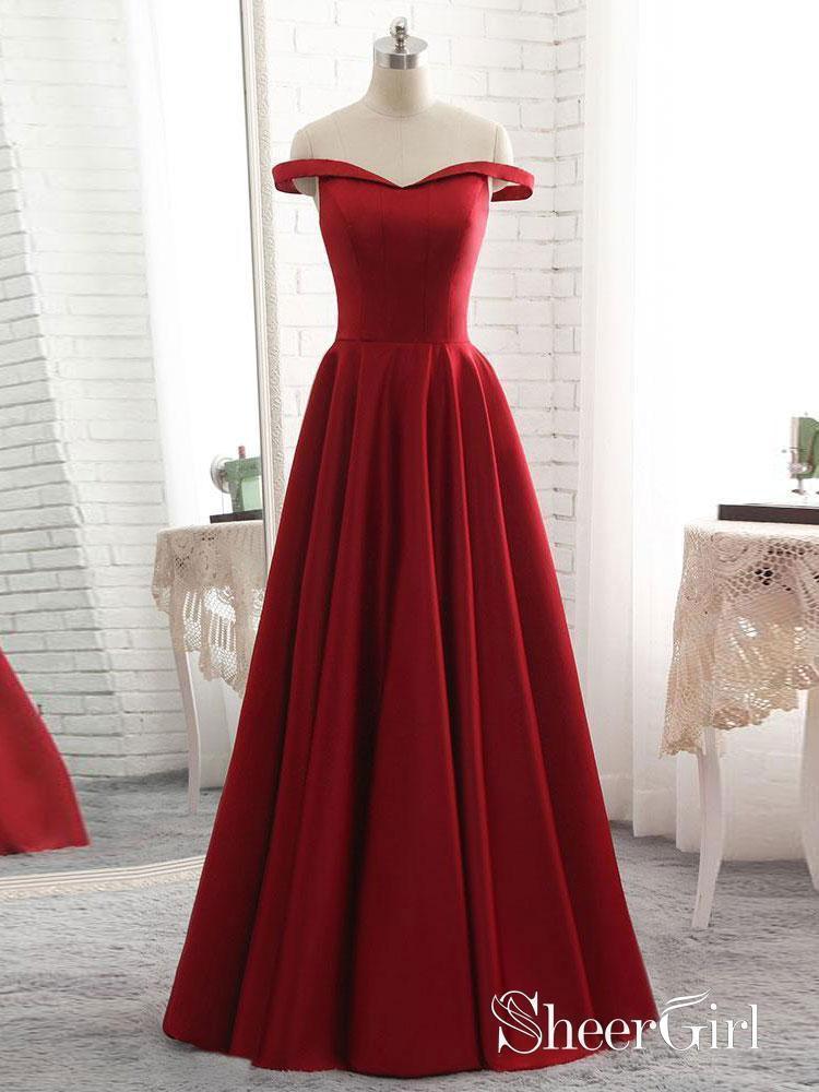 Off the Shoulder Cheap Long Red Satin Prom/Bridesmaid Dresses APD3170 –  SheerGirl