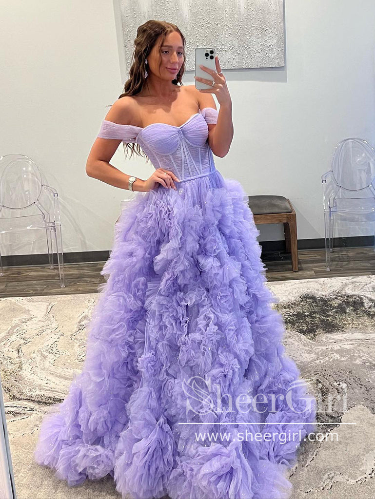 Off the Shoulder Lavender Tulle Ball Gown Layered Party Dress Sweetheart Neck Prom Dress ARD2911-SheerGirl