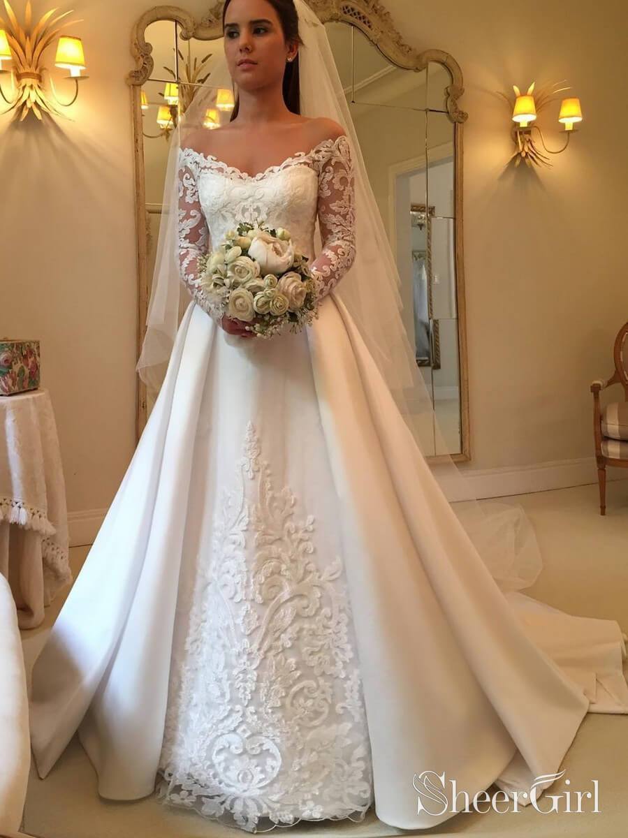 Off The Shoulder Modest Wedding Dresses with Long Sleeves AWD1446 Off The Shoulder Modest Wedding Dresses with Long Sleeves AWD1446