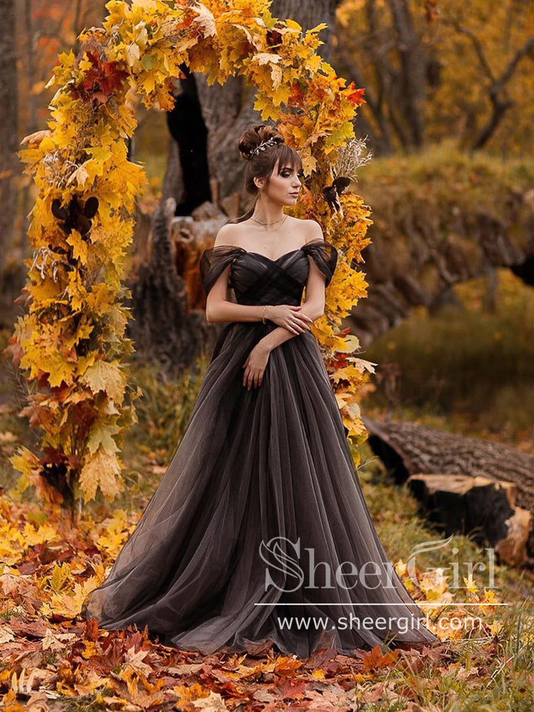 Off the Shoulder Non-traditional Black Wedding Dresses Simple Long Prom Dress AWD1354-SheerGirl