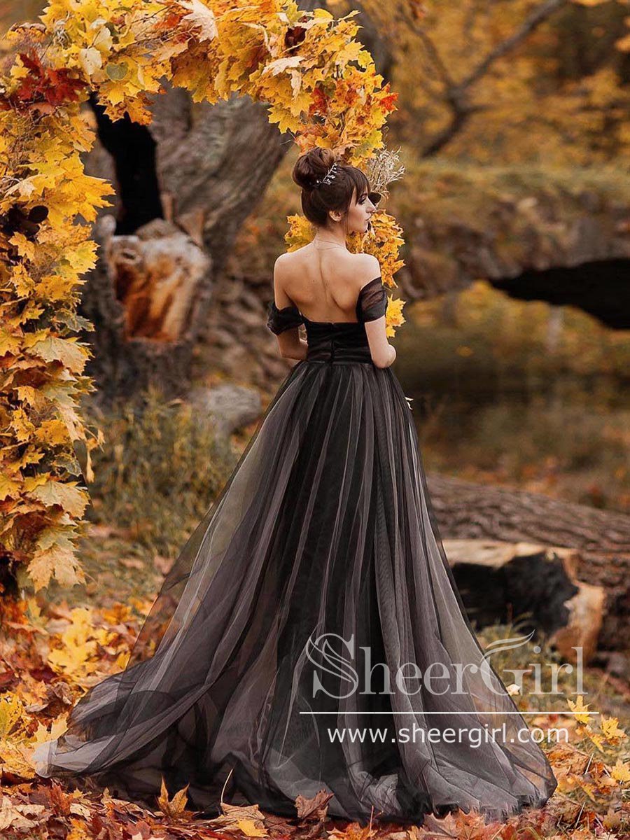 Off the Shoulder Non-traditional Black Wedding Dresses Simple Long Pro SheerGirl Off the Shoulder Non-traditional Black Wedding Dresses Simple Long Pro SheerGirl