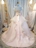 Off the Shoulder Pleated Bodice Layered Pink Ball Gown Wedding Dress AWD1940-SheerGirl