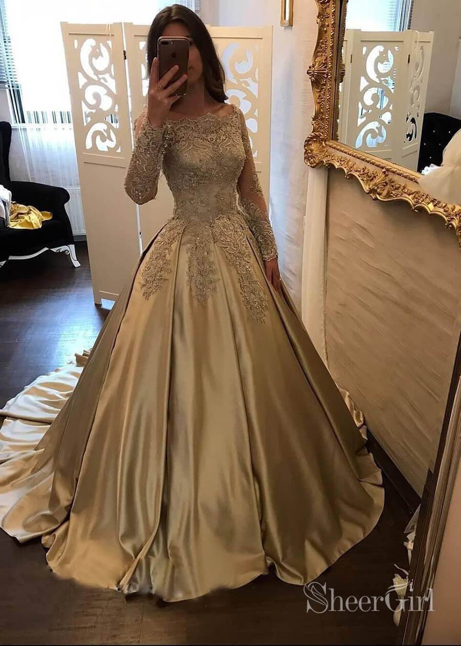 long sleeve champagne quince dress Off the Shoulder Quinceanera Dress Long Sleeve Lace Ball Gown Prom Dresses ARD2029