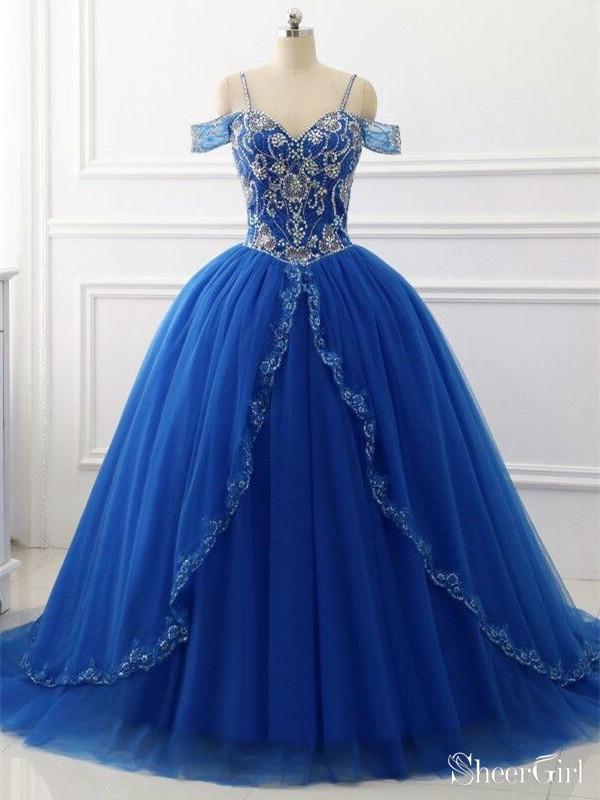 dark blue quinceanera dresses Off the Shoulder Royal Blue Quinceanera Dresses Beaded Prom Dress ARD1345