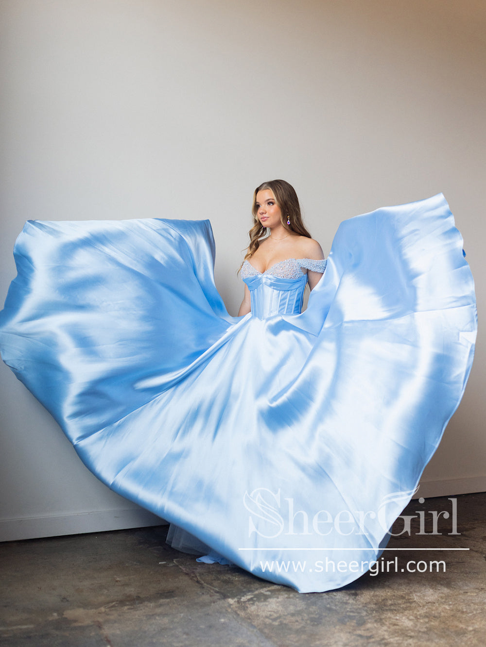 Off the Shoulder Sky Blue Beaded Bodice Prom Dresses A Line Satin Prom Gown  ARD2931