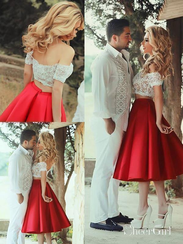 Off the Shoulder Two Piece Lace Midi Skater Dresses Red Short Homecoming Dress ARD1082 Off the Shoulder Two Piece Lace Midi Skater Dresses Red Short Homecoming Dress ARD1082