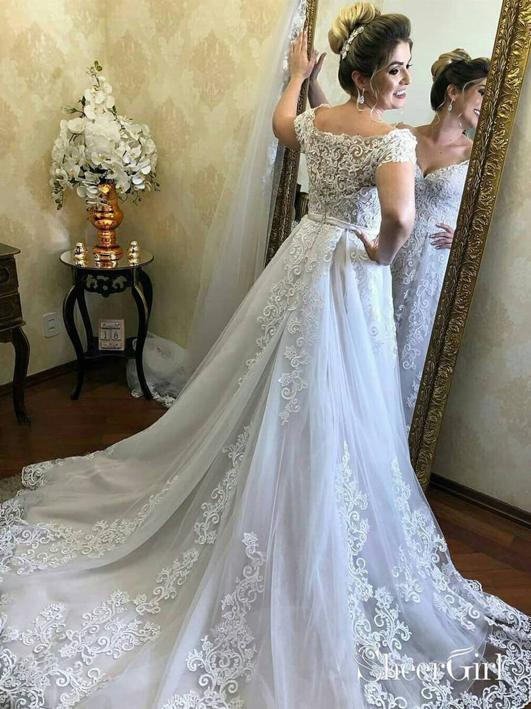 Off the Shoulder Vintage Lace Wedding Dresses with Court Train AWD1434-SheerGirl