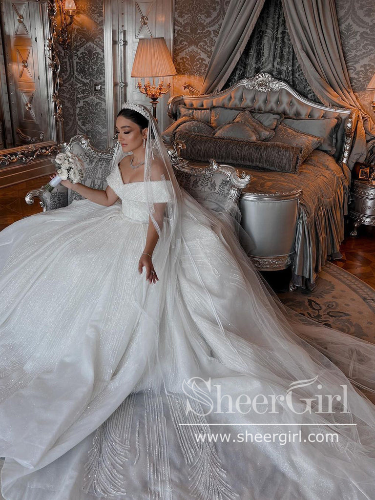 Off the Shoulder Vintage Wedding Dresses Beaded Luxury Wedding Dresses AWD1901-SheerGirl