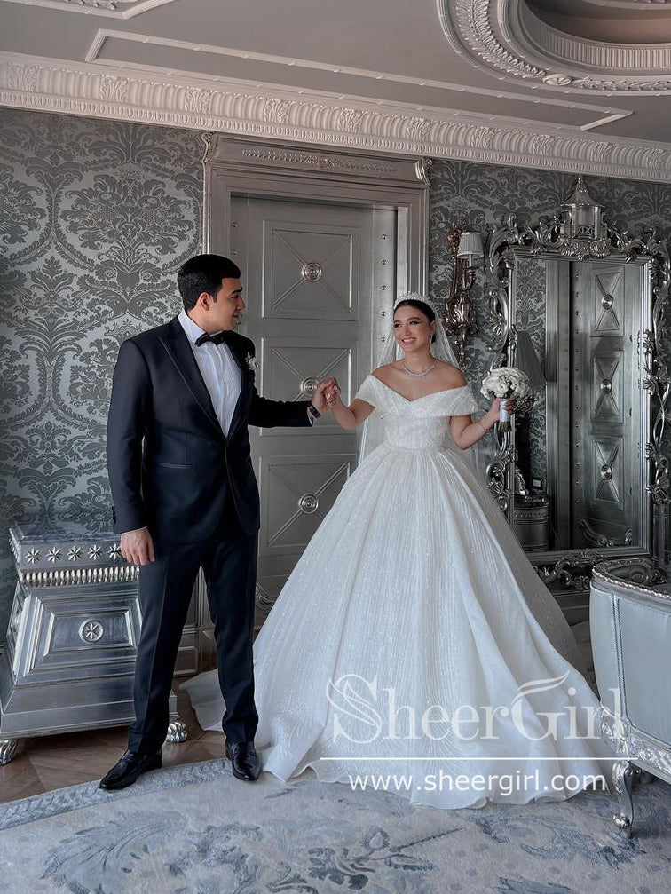 Off the Shoulder Vintage Wedding Dresses Beaded Luxury Wedding Dresses AWD1901-SheerGirl