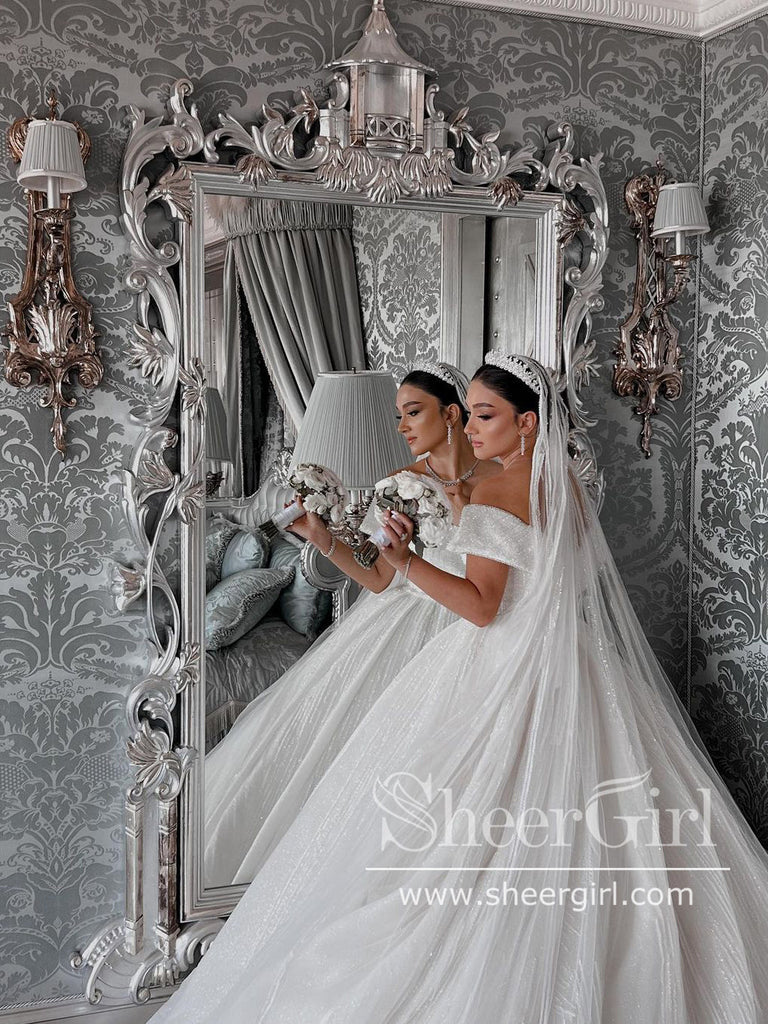 Off the Shoulder Vintage Wedding Dresses Beaded Luxury Wedding Dresses AWD1901-SheerGirl