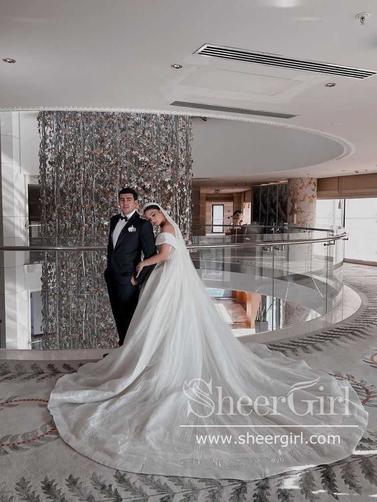 Off the Shoulder Vintage Wedding Dresses Beaded Luxury Wedding Dresses AWD1901-SheerGirl