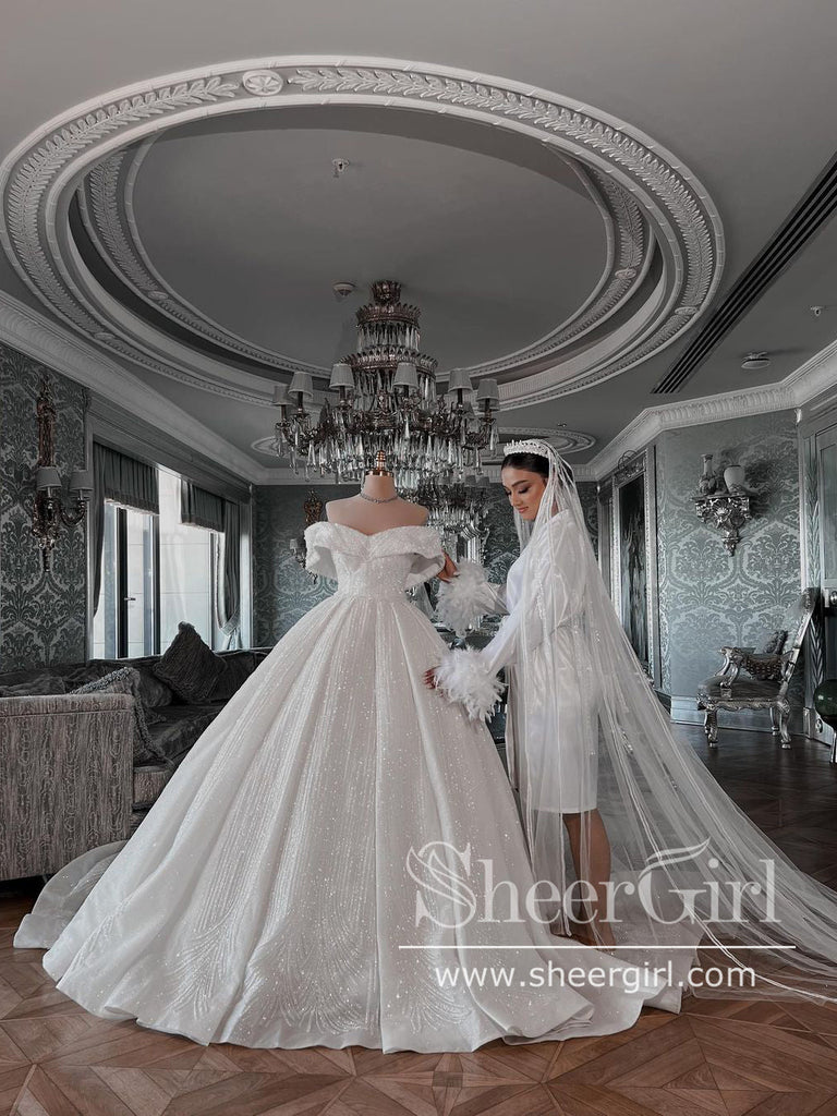 Off the Shoulder Vintage Wedding Dresses Beaded Luxury Wedding Dresses AWD1901-SheerGirl