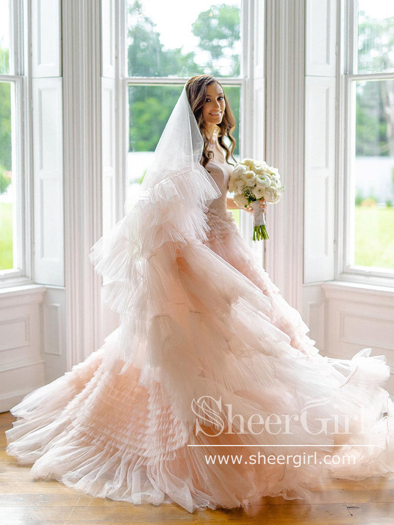 Off the Shoulder Wedding Gown Pleated Layered Tulle Blush Pink Ball Gown Wedding Dress AWD1944-SheerGirl
