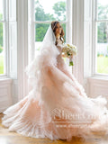 Off the Shoulder Wedding Gown Pleated Layered Tulle Blush Pink Ball Gown Wedding Dress AWD1944-SheerGirl