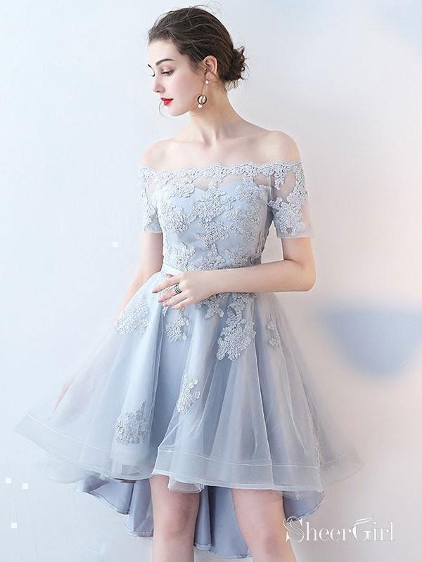 Off the shoulder Grey Lace Appliqued High Low Homecoming Dresses with Short Sleeves,apd2666 Off the shoulder Grey Lace Appliqued High Low Homecoming Dresses with Short Sleeves,apd2666