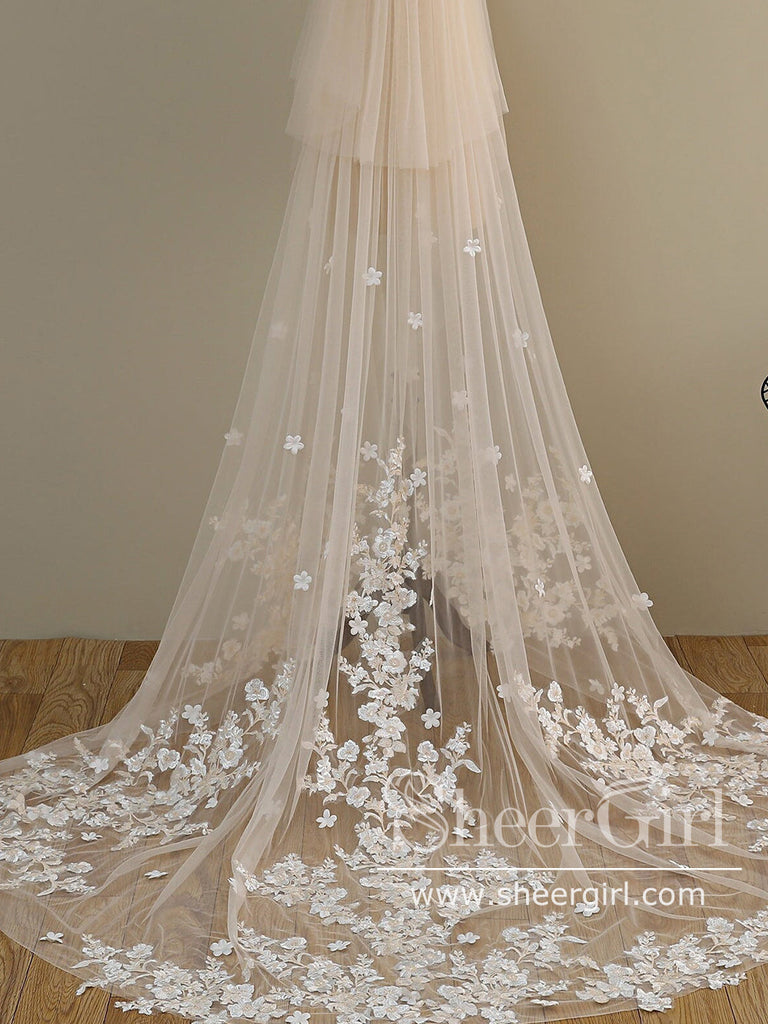 Ombre Champagne Floral Lace Ivory Cathedral Veil with Blusher Bridal Veil Wedding Veil ACC1193-SheerGirl
