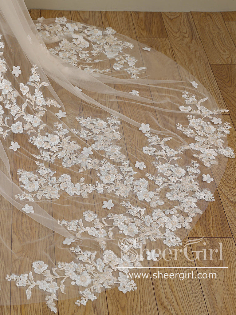 Ombre Champagne Floral Lace Ivory Cathedral Veil with Blusher Bridal Veil Wedding Veil ACC1193-SheerGirl