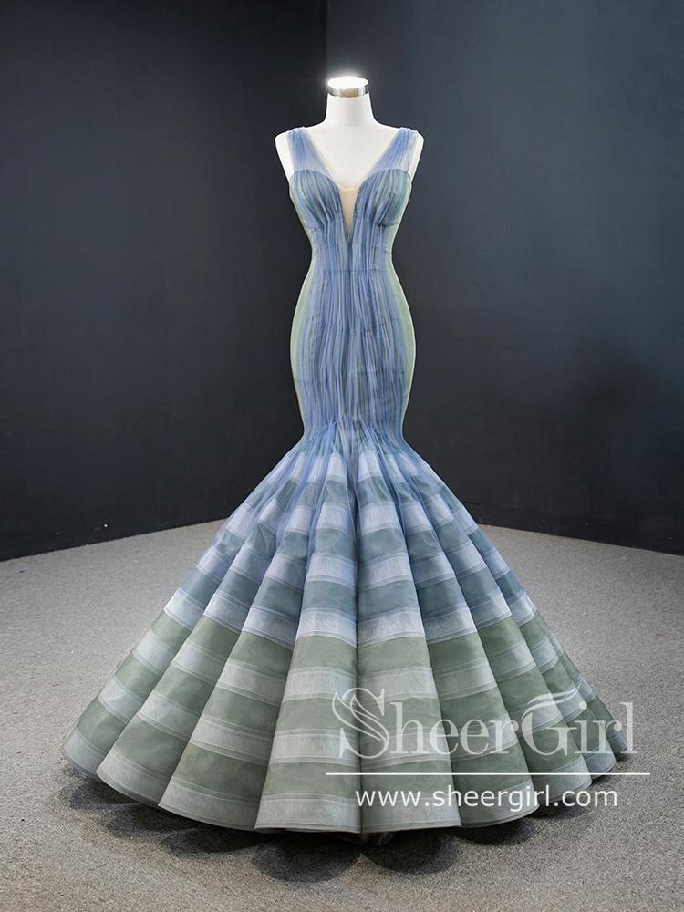 Ombre Tulle Deep V Neckline Mermaid Tiered Prom Dress with Ruffle Bottom ARD2640 Ombre Tulle Deep V Neckline Mermaid Tiered Prom Dress with Ruffle Bottom ARD2640
